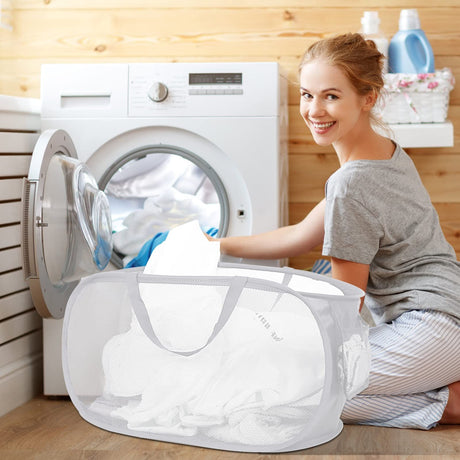 Collapsible Laundry Hamper with Side Pocket, Foldable Clothes Hamper with Durable Reinforced Handles for Laundry, Bathroom, Kids Room, Dorm or Travel 2 Pack White