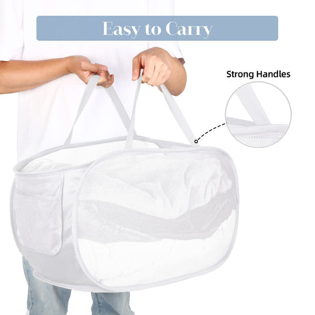 Collapsible Laundry Hamper with Side Pocket, Foldable Clothes Hamper with Durable Reinforced Handles for Laundry, Bathroom, Kids Room, Dorm or Travel 2 Pack White
