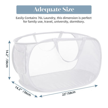 Collapsible Laundry Hamper with Side Pocket, Foldable Clothes Hamper with Durable Reinforced Handles for Laundry, Bathroom, Kids Room, Dorm or Travel 2 Pack White