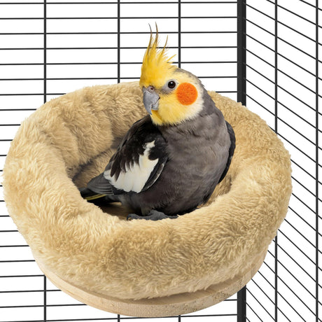 Removable Plush Parrot Hammock Bed, Winter Warm Resting Perch Platform for Budgies Cockatiel Conure Parakeet Hamster(small size beige)