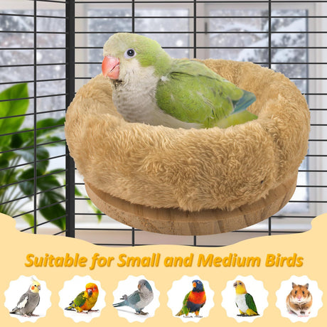 Removable Plush Parrot Hammock Bed, Winter Warm Resting Perch Platform for Budgies Cockatiel Conure Parakeet Hamster(small size beige)