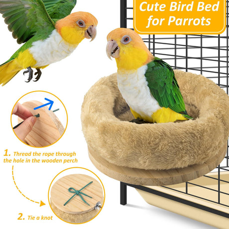 Removable Plush Parrot Hammock Bed, Winter Warm Resting Perch Platform for Budgies Cockatiel Conure Parakeet Hamster(small size beige)