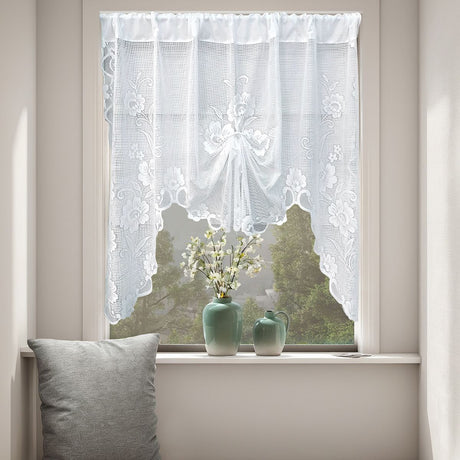 White Semi-Sheer Floral Lace Curtain Swag for Kitchen Half Window Bathroom Decoration Rod Pocket,150*100, 1 Panel