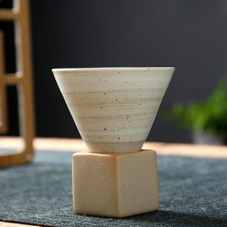 Coarse Pottery Coffee Mug with Base, 200ml Creative Triangular Cone Shape Porcelain Mug, Ceramic Tea Cup for Coffee Tea Latte Milkshake Yogurt (beige)