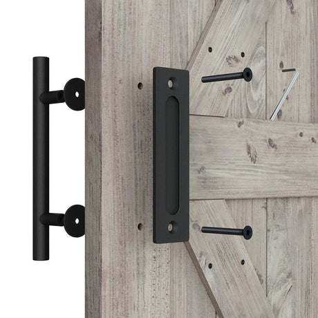 18cm Heavy Duty Sliding Barn Door Handle, Pull and Flush Hardware Set, Black Powder Coated Finish, Large Rustic Two-Side Design, Round