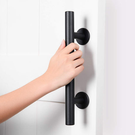 18cm Heavy Duty Sliding Barn Door Handle, Pull and Flush Hardware Set, Black Powder Coated Finish, Large Rustic Two-Side Design, Round