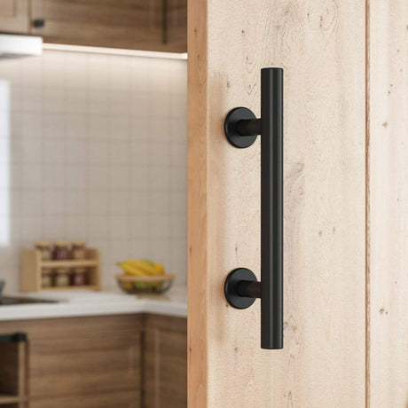 18cm Heavy Duty Sliding Barn Door Handle, Pull and Flush Hardware Set, Black Powder Coated Finish, Large Rustic Two-Side Design, Round