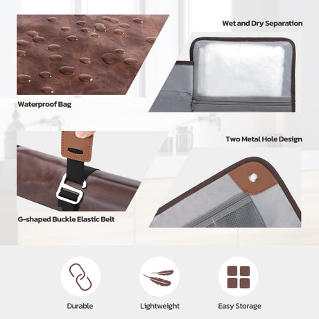 Toilet bag travel set, waterproof bathroom roll storage bag, used for shaving kit, toiletries accessories  Shaving kit, Gifts for men（light brown）