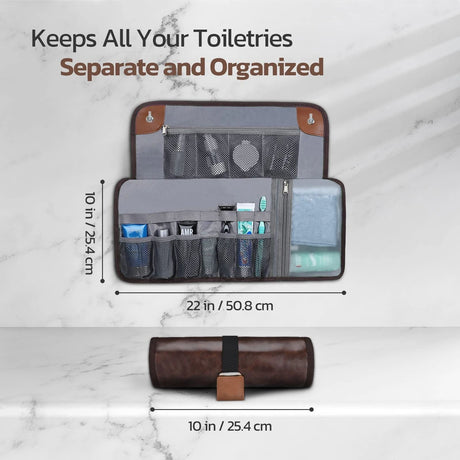 Toilet bag travel set, waterproof bathroom roll storage bag, used for shaving kit, toiletries accessories  Shaving kit, Gifts for men（light brown）