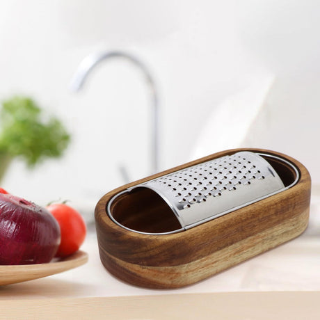 Cheese grinder with container - Stainless steel cheese grinder with wooden service bowl - Fine chopper for hard cheese, spices, and corn tortillas - Kitchen small tools（standard versio）