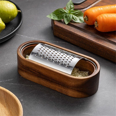 Cheese grinder with container - Stainless steel cheese grinder with wooden service bowl - Fine chopper for hard cheese, spices, and corn tortillas - Kitchen small tools（standard versio）