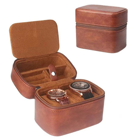 2 slot watch travel case organizer, hard watch travel box with insert for rings, cufflinks, bracelet,organization(Brown)
