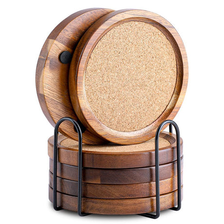 Beverage absorbent wooden coaster with bracket, wooden coaster set for rural farmhouse, coffee table, dining table, wooden table, coaster set of 6 pieces