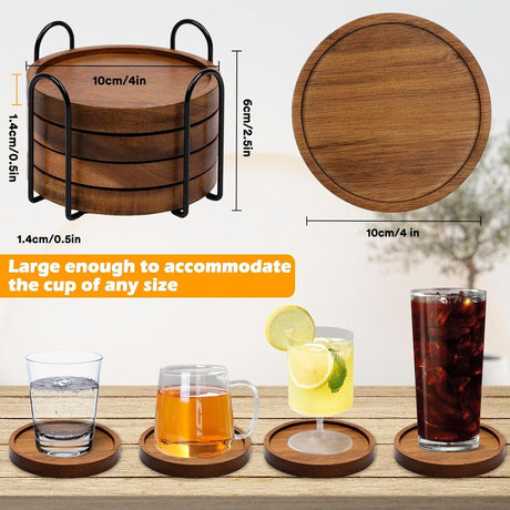 Beverage absorbent wooden coaster with bracket, wooden coaster set for rural farmhouse, coffee table, dining table, wooden table, coaster set of 6 pieces