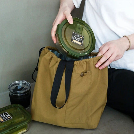 Canvas Drawstring Lunch Bag Insulated Lunch Tote Japanese Style Bento Tote Bag Reusable Lunch Bag with Handle and Drawstring