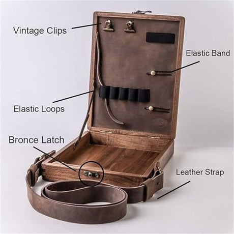 Writers Messenger Wood Box, Multifunctional Wooden Handmade Crossbody Postman Bag Portable Artist Tool Bag Painting Brush Tool Storage Sketch Box Easel for Outdoor Painting (Brown)…