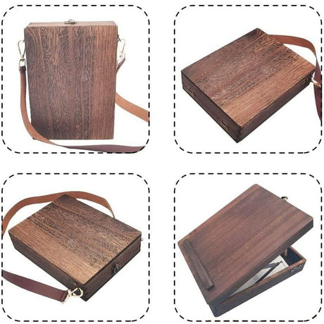 Writers Messenger Wood Box, Multifunctional Wooden Handmade Crossbody Postman Bag Portable Artist Tool Bag Painting Brush Tool Storage Sketch Box Easel for Outdoor Painting (Brown)…