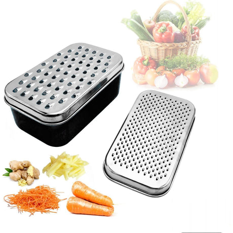 Cheese Grater with Container and Lid & Peeler Set - Vegetable Fruit Multi-Function Stainless Steel Kitchen Utensil Kit with Black Food Plastic Storage Stable Box - Hand Chopper Graters & Peelers