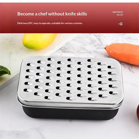 Cheese Grater with Container and Lid & Peeler Set - Vegetable Fruit Multi-Function Stainless Steel Kitchen Utensil Kit with Black Food Plastic Storage Stable Box - Hand Chopper Graters & Peelers