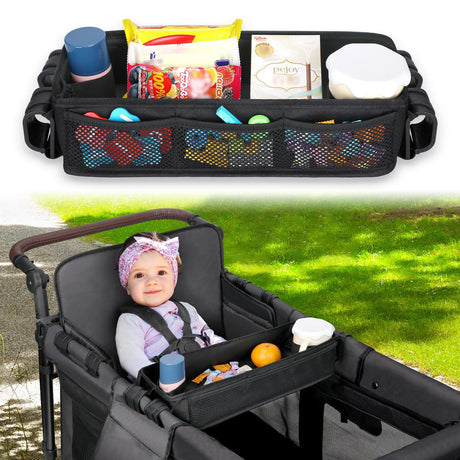 Double Sided Stroller Tray Fits for Wagon- Kids Snacks & Activities - Faux Leather Sides for Eating - 4 Cup Holders-W4 accessories, Easy to Use and Clean, Play On the Go (W4 Series)