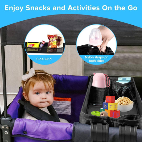 Double Sided Stroller Tray Fits for Wagon- Kids Snacks & Activities - Faux Leather Sides for Eating - 4 Cup Holders-W4 accessories, Easy to Use and Clean, Play On the Go (W4 Series)