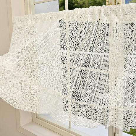 Rustic Crochet Curtain Valance for Kitchen Bathroom Farmhouse Lace Curtain Tiers for Coffee Decor Room Divider Rod Pocket Hollow Out Short Curtains for Closet Doorway 1 Panel W59 X L17.7 Inch