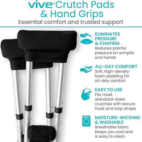 Crutch Pads & Hand Grips - Comfortable, Breathable, Machine Washable Padding - Moisture Wicking & Odor Reducing Pillow Accessory Covers for Adult & Youth Walking Crutches