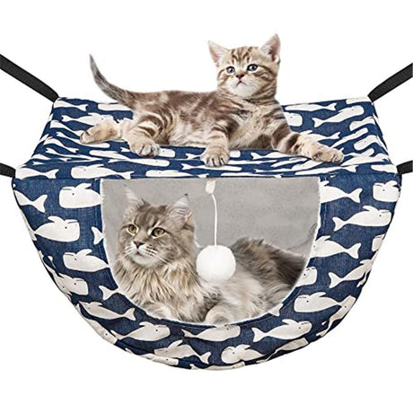 Cat Cage Hammock with Ball,Double Layer Hanging Adjustable Soft Pet Bed Suit for Kitten Ferret Puppy Rabbit or Small Pet, 2 Level Indoor Bed for All Season(Blue Whale)