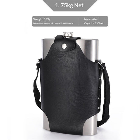 64 oz Classic Style Stainless Steel Liquor Whiskey Hip Flask Silver  Vegan Leather Flask Case, Portable Pocket Belt Bag Compatible Protective Travel Holder for Men