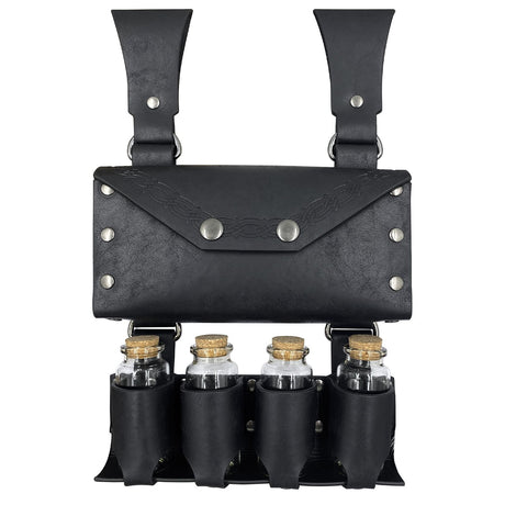 Medieval Alchemy Faux Leather Belt Bag with 4 Cork Potion Vials, Fantasy Wizard Waist Pouch Side Pack  (Black A)