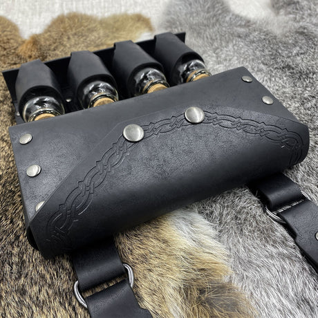 Medieval Alchemy Faux Leather Belt Bag with 4 Cork Potion Vials, Fantasy Wizard Waist Pouch Side Pack  (Black A)
