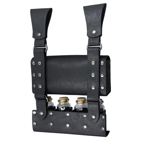 Medieval Alchemy Faux Leather Belt Bag with 4 Cork Potion Vials, Fantasy Wizard Waist Pouch Side Pack  (Black A)