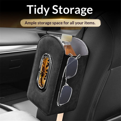 Car Seat Organizer,Suede Leather Tissue Holder fit for Kleenex tissues, Car Seat Side Organizer for Napkin, Drink, Phone, etc (Black)