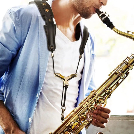 Saxophone Shoulder Strap, Double Shoulder Leather Adjustable Sax Strap with Metal Beam & Sturdy Adjuster, Reduce Neck Stress, Good Comfort, for Alto/Tenor/Baritone/Soprano Saxophone