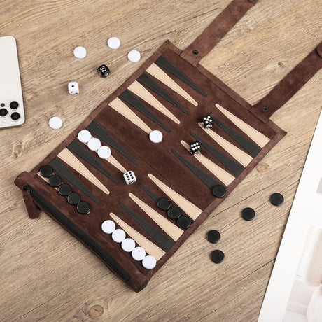 Roll-up Portable Suede Backgammon Game Set - for Adults & Children - Ideal for RV Travel, Cruise, Airplane, Camping, Backpacking, Road Trips, Etc.