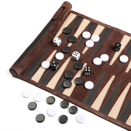 Roll-up Portable Suede Backgammon Game Set - for Adults & Children - Ideal for RV Travel, Cruise, Airplane, Camping, Backpacking, Road Trips, Etc.