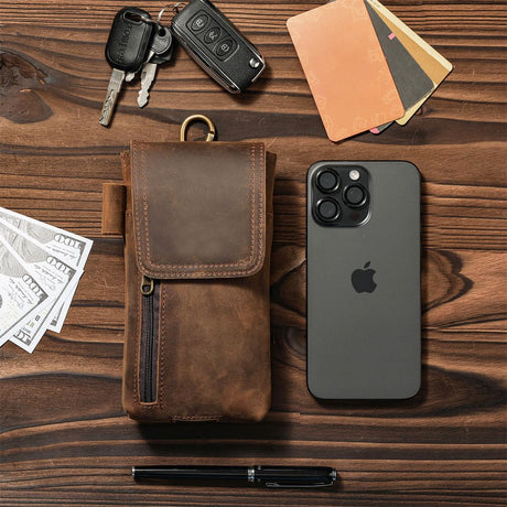 Phone Holster Case with Belt Clip Genuine Leather Belt Pouch Cell Phone Holder Premium Leather Pouch with Belt Clip Phone Holster Belt Case, Brown