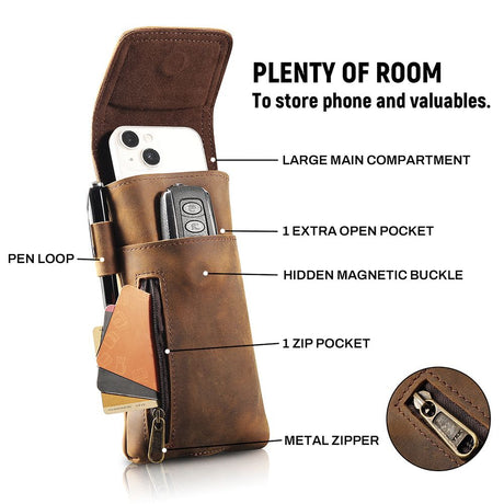 Phone Holster Case with Belt Clip Genuine Leather Belt Pouch Cell Phone Holder Premium Leather Pouch with Belt Clip Phone Holster Belt Case, Brown