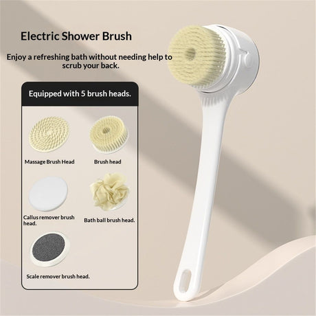 Electric Body Brush for Exfoliating and Massage, Long Handle Electric Bath Brush Rechargeable Body Scrubber, Spinning Skin Brush with 5 Spin Brush Heads for Man and Women