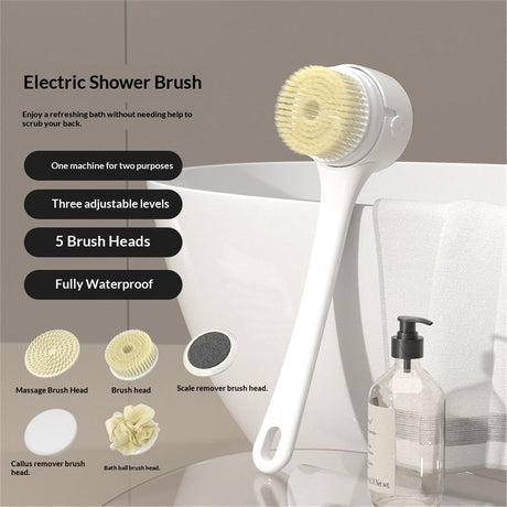 Electric Body Brush for Exfoliating and Massage, Long Handle Electric Bath Brush Rechargeable Body Scrubber, Spinning Skin Brush with 5 Spin Brush Heads for Man and Women