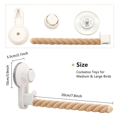 white Suction Cup Bird Perch,Natural Wood Parrot Window/Bath/Car/Travel/Shower Perches Stand Portable Parakeet Grinding Stick Training Toys for Small and Medium Birds(Twist Grain)