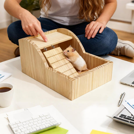 Hamster Sand Bath Box Wooden Small Animals Shower Room Chinchilla Digging Sand Bathtub Container with Climbing Ladder Bowl for Dwarf Syrian Mice Mouse Gerbils Hedgehog