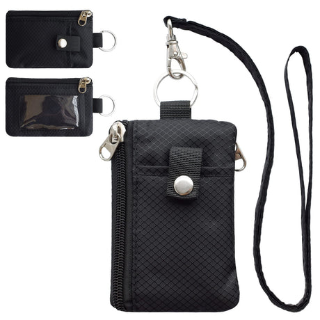 Small Lanyard Wallet for Women/Men with  Blocking ID Card Wallet, Minimalist Nylon Zipper Pouch, Travel Neck Wallet with Keychain, ID Window for Card,Coin,Cash (Black)