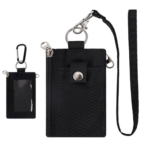 Small Lanyard Wallet for Women/Men with  Blocking ID Card Wallet, Minimalist Nylon Zipper Pouch, Travel Neck Wallet with Keychain, ID Window for Card,Coin,Cash (Black)