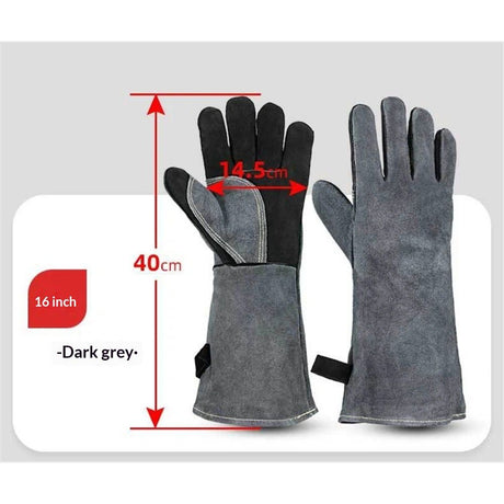 16 inch high-Temperature and fire-Resistant Cowhide Insulated longgloves/Barbecue/Oven/Fireplace/Barbecue/Smoking/Welding/Forged Gloves (black Gray)