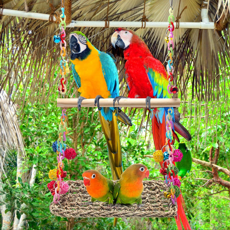 Bird Swing Toy Cool Running Bird Hanger Hanging Swing Nest Vine Mesh Weaving Bird Swing Toy Colorful Bell