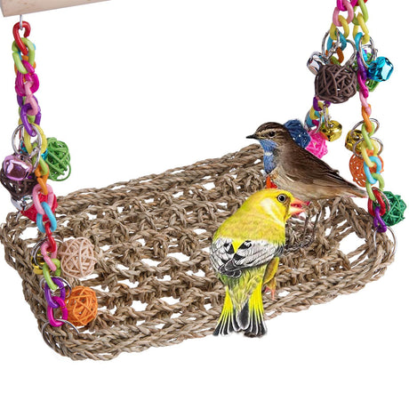 Bird Swing Toy Cool Running Bird Hanger Hanging Swing Nest Vine Mesh Weaving Bird Swing Toy Colorful Bell