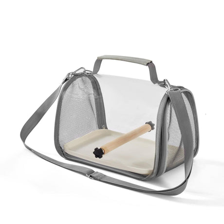 Long tailed parrot's small bird travel carrier cage, including tray and wooden standing sea bass, with external birdcage, small sun Xuan Feng portable bag（Grey small size）