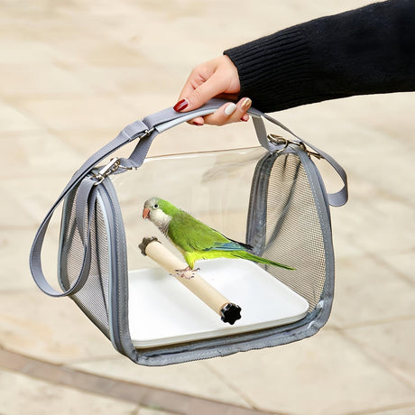 Long tailed parrot's small bird travel carrier cage, including tray and wooden standing sea bass, with external birdcage, small sun Xuan Feng portable bag（Grey small size）
