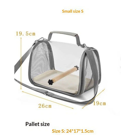 Long tailed parrot's small bird travel carrier cage, including tray and wooden standing sea bass, with external birdcage, small sun Xuan Feng portable bag（Grey small size）